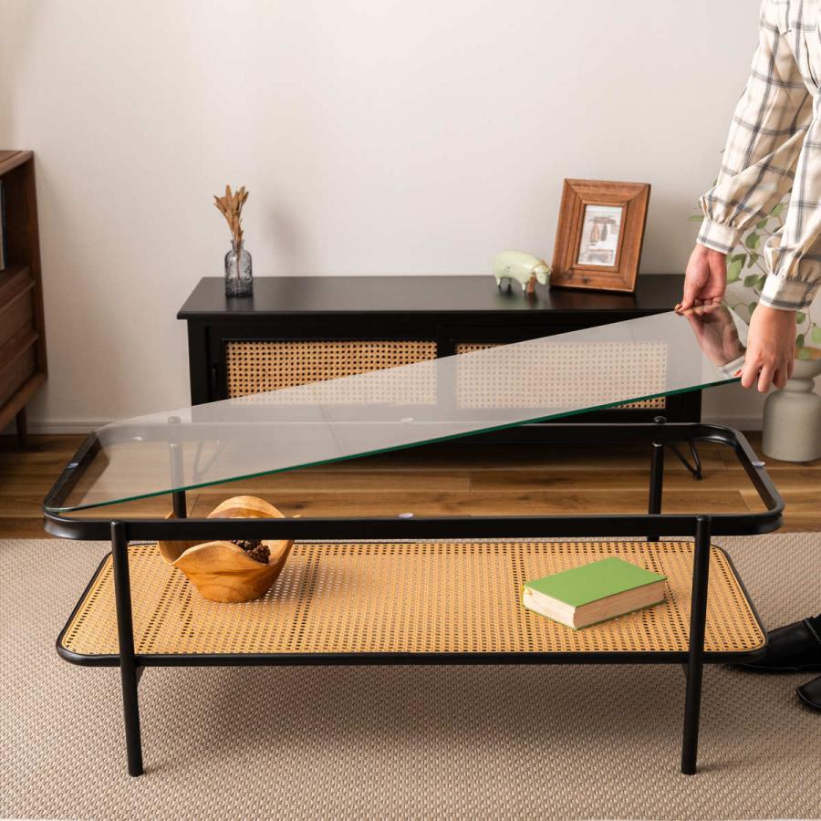 東谷 リビングテーブル 幅110cm ガラス天板 ラタン調ラック （ ロー