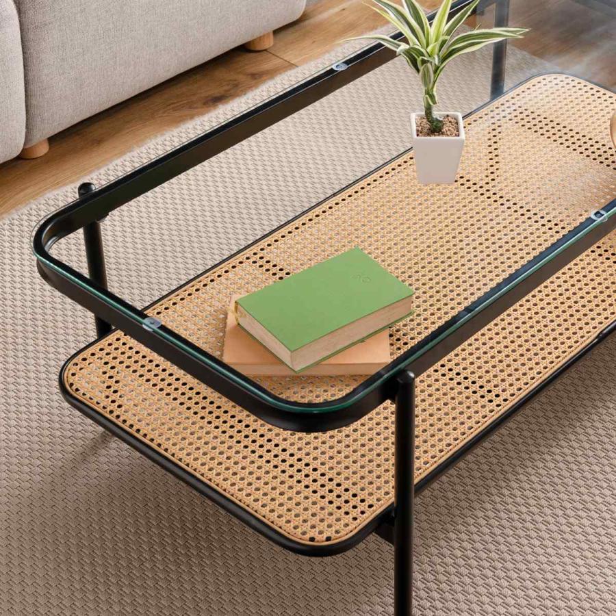 東谷 リビングテーブル 幅110cm ガラス天板 ラタン調ラック （ ロー