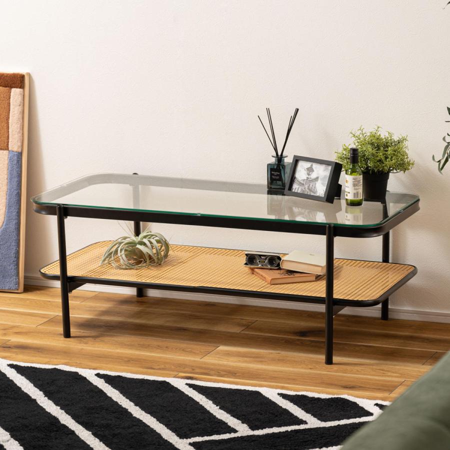 東谷 リビングテーブル 幅110cm ガラス天板 ラタン調ラック （ ロー
