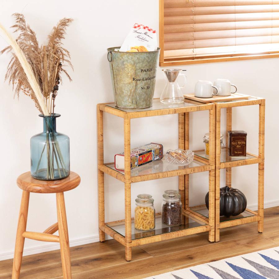 籐　ラタン　ガラス付き3段飾り棚　アンティーク 楽天市場】籐 収納ラック 3段 ガラス天板付 幅80cm （ 送料無料