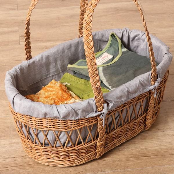 アンティーク籐のカゴバスケット犬のキャリーにも素敵持ち手は革製で部屋のインテリア rattan 籐 布カバー付 Natural キャリーバスケット 幅49cm ラタン