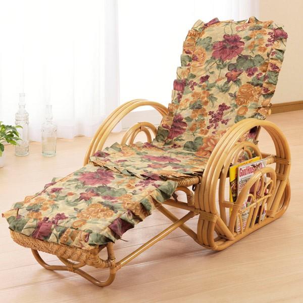ラタンチェア　三つ折り寝椅子　カバー付　リクライニングチェア　籐家具｜interior-palette