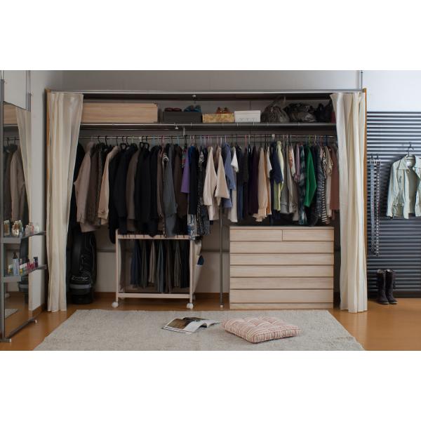 伸縮クローゼット 幅188-305cm ハンガーラック 上棚・カーテン付 日本