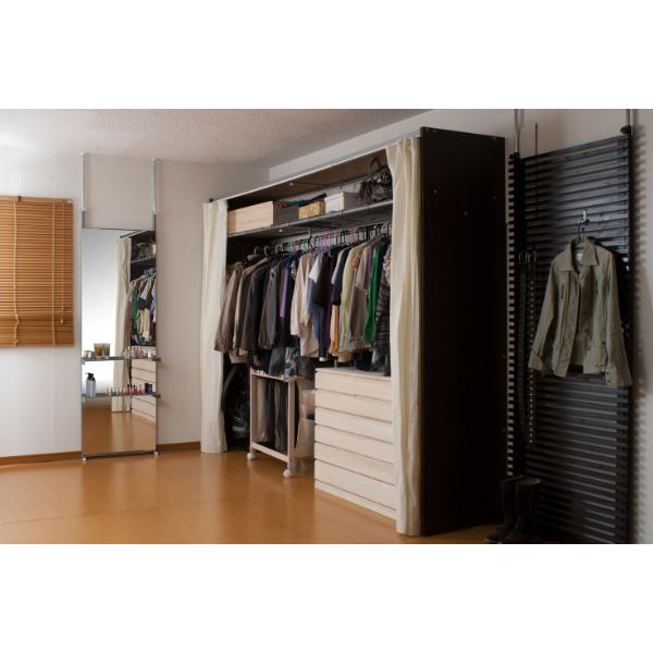 伸縮クローゼット 幅188-305cm ハンガーラック 上棚・カーテン付 日本