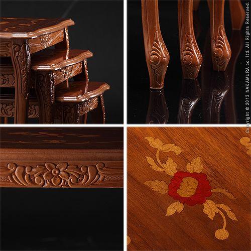 イタリア製 アンティーク調 ネストテーブル 大小セット 象嵌 花柄 猫脚