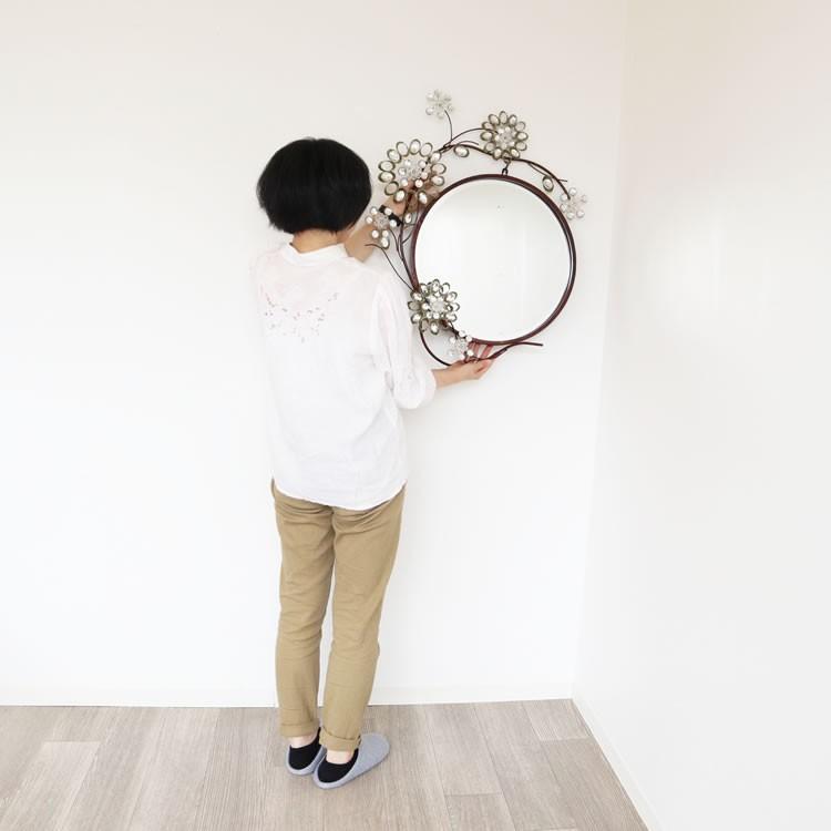 ウォール ミラー 壁掛け 壁飾り アイアン 花 円形 1304KFM001