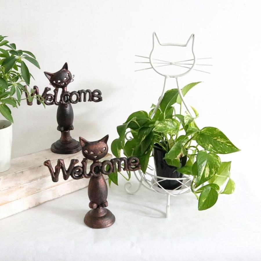 ネコ アイアンプランター 鉢カバー ホワイト フラワースタンド 室内 猫