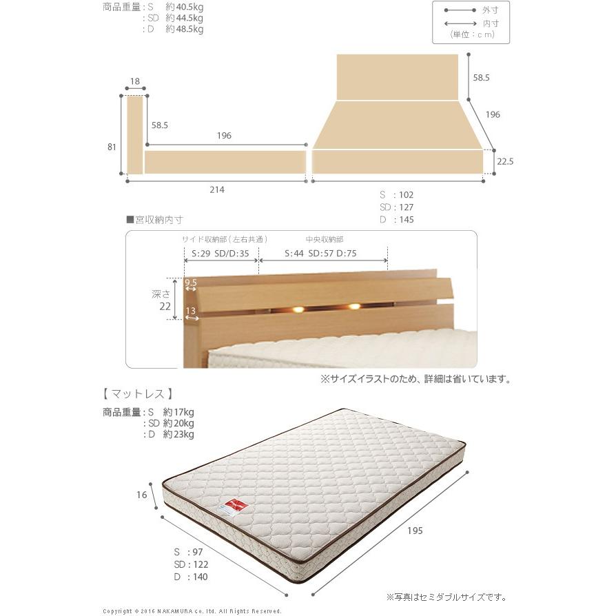 フランスベッド ライト・棚付きベッド-ウォーレン- ダブル マルチラススーパースプリングマットレスセット 