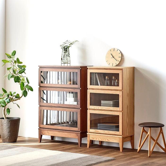 キャビネット ガラス棚 幅60 オーク ウォールナット 無垢材 ガラス扉