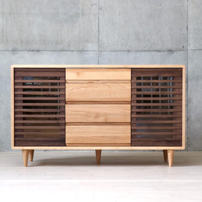 タモ無垢材 匠デザイン 120 サイドボード 北欧 ウォールナット 格子
