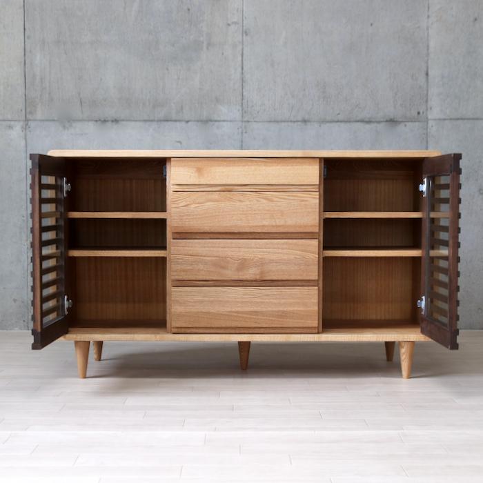 タモ無垢材 匠デザイン 120 サイドボード 北欧 ウォールナット 格子