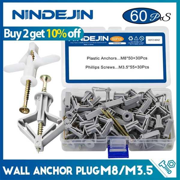 Nindejin 60ピース/セット乾式壁アンカーキット中空壁アンカー、ネジ付きプラスチックウォールアンカーバタフライ、石膏ボード用 2c46bcd943484266b160