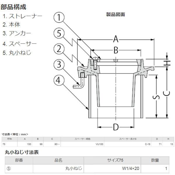 カネソウ 鋳鉄製ルーフドレン KRSO-VP-75 75mm（3インチ） C寸法80〜200mm たて引き用 打込型 差し込み式 バルコニー・廊下・踊場用 |  | 02