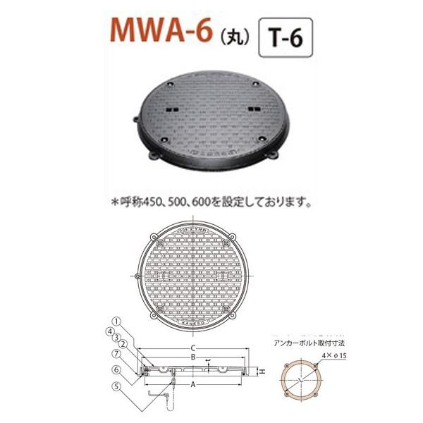 カネソウ　マンホール・ハンドホール鉄蓋　密閉形（防水・防臭形）　T-6　丸枠　MWA-6（丸）　a　鎖なし　ボトルロック式　450