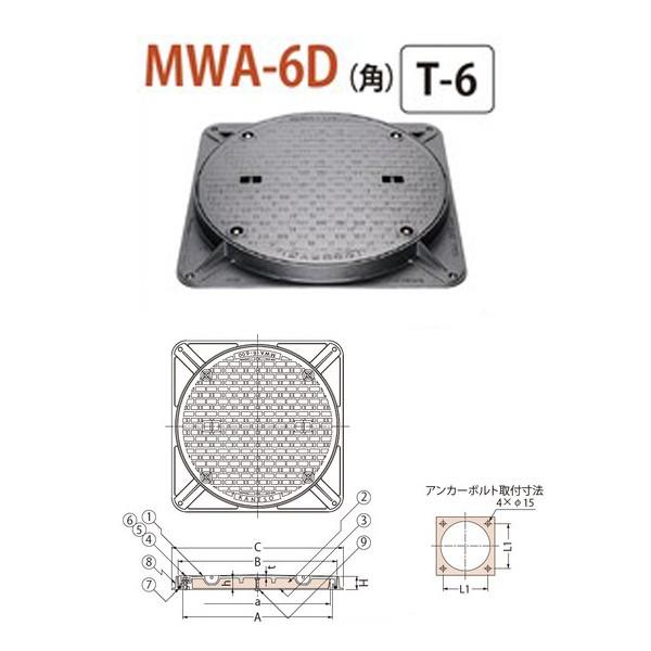 カネソウ　マンホール・ハンドホール鉄蓋　断熱形　角枠　ボトルロック式　600　MWA-6D（角）　密閉形（防水・防臭形）　T-6