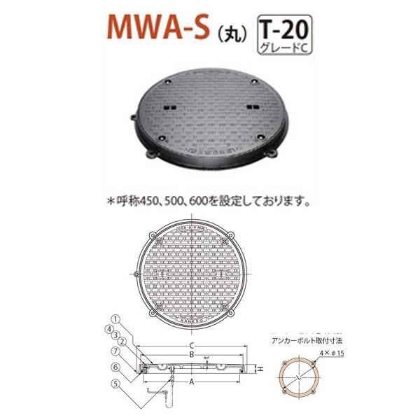 カネソウ　マンホール・ハンドホール鉄蓋　密閉形（防水・防臭形）　T-20　グレードC　a　MWA-S（丸）　600　丸枠　ボトルロック式　鎖なし