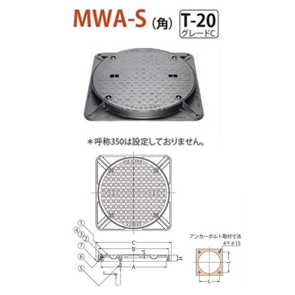 カネソウ　マンホール・ハンドホール鉄蓋　密閉形（防水・防臭形）　ボトルロック式　グレードC　MWA-S（角）　鎖なし　a　T-20　角枠　900