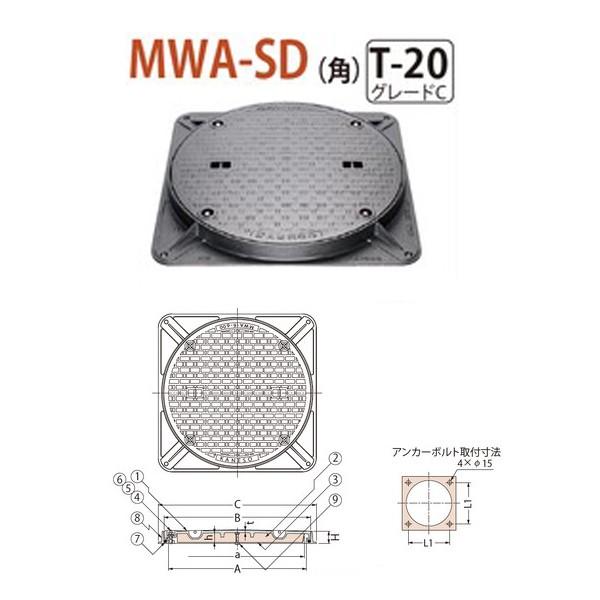 カネソウ　マンホール・ハンドホール鉄蓋　断熱形　T-20　MWA-SD（角）　角枠　グレードC　密閉形（防水・防臭形）　500　ボトルロック式