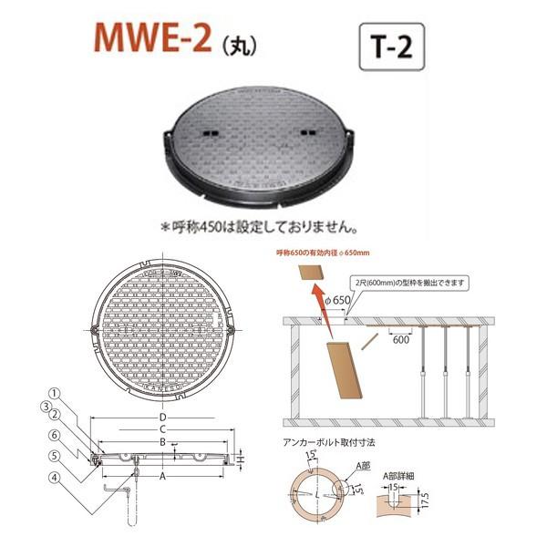 カネソウ　マンホール・ハンドホール鉄蓋　密閉形（防水・防臭形）　MWE-2（丸）　a　丸枠　ボトルロック式　650　鎖なし　T-2