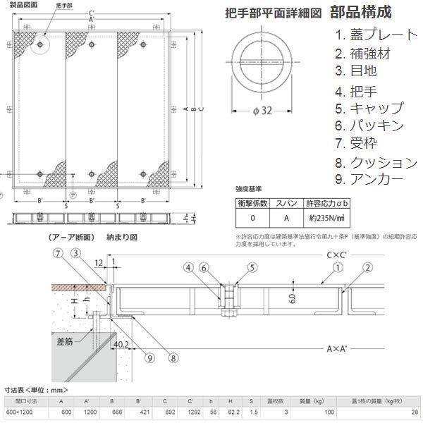 カネソウ マシンハッチ S-14EC-600×1200 一般形 縞鋼板蓋 ハンドル付_1