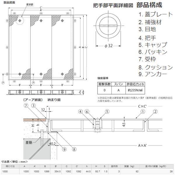 カネソウ マシンハッチ S-2EC-1000 一般形 縞鋼板蓋 ハンドル付_1