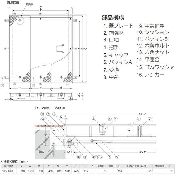 カネソウ マシンハッチ W-6EC-600×1200 密閉形（防水・防臭形） 縞鋼板蓋 ハンドル付｜interiortool｜03