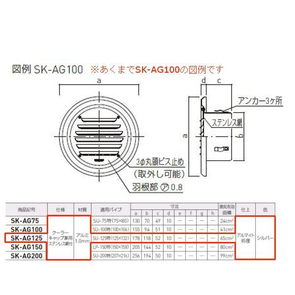神栄ホームクリエイト 丸型ガラリ クーラーキャップ兼用 ステンレス網付 アルミ製 シルバー SK-AG125 １個｜interiortool｜02