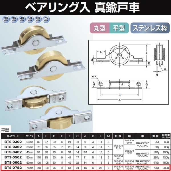 ヨコヅナ　真鍮戸車　ステン枠　75　平　ベアリング入　BTS-0752