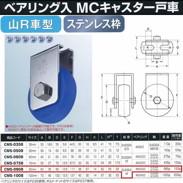 ヨコヅナ　ベアリング入　MCキャスター戸車　ステンレス枠　山R型　90mm　CMS-0908　1個