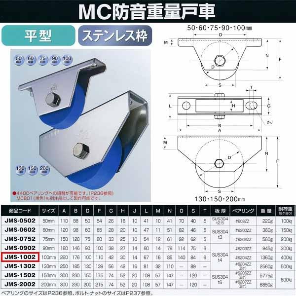 ヨコヅナ　MC防音　重量戸車　1個　JMS-1002　100mm　ステンレス　平型