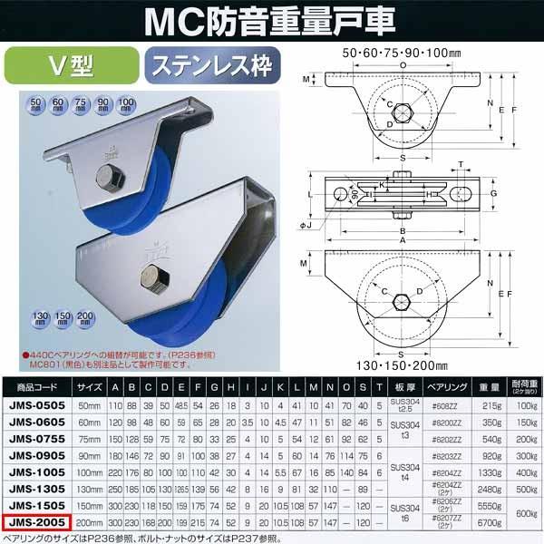 ヨコヅナ MC防音 重量戸車 ステンレス V型 JMS-2005 200mm 1個