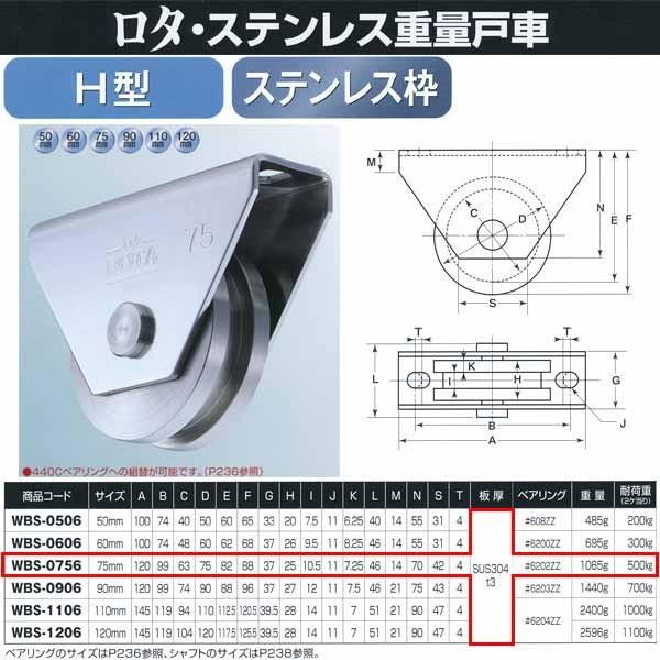 ヨコヅナ　ロタ・ステンレス　重量戸車　H型　75mm　WBS-0756　ステンレス枠　1個