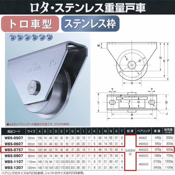 ヨコヅナ　ロタ・ステンレス　重量戸車　WBS-0757　75mm　ステンレス枠　トロ車型　1個