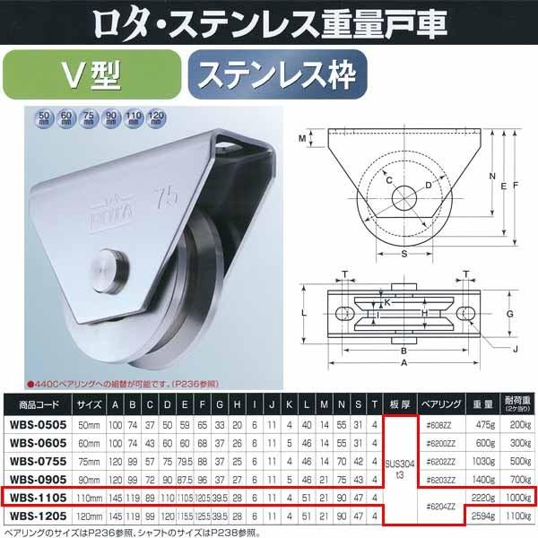 ヨコヅナ ロタ・ステンレス 重量戸車 ステンレス枠 V型 WBS-1105 110mm 1個