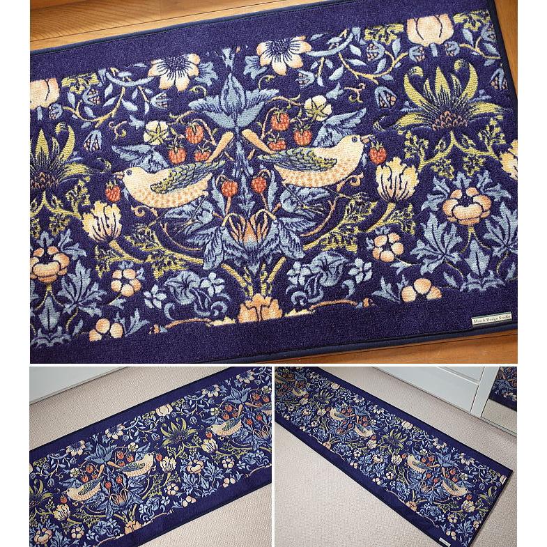 ウィリアムモリス キッチンマット いちご泥棒 約50ｘ180cm 洗える 国産 日本製 ウイリアムモリス キッチンマット 速乾 抗菌 防臭 吸水 滑り止め加工の画像
