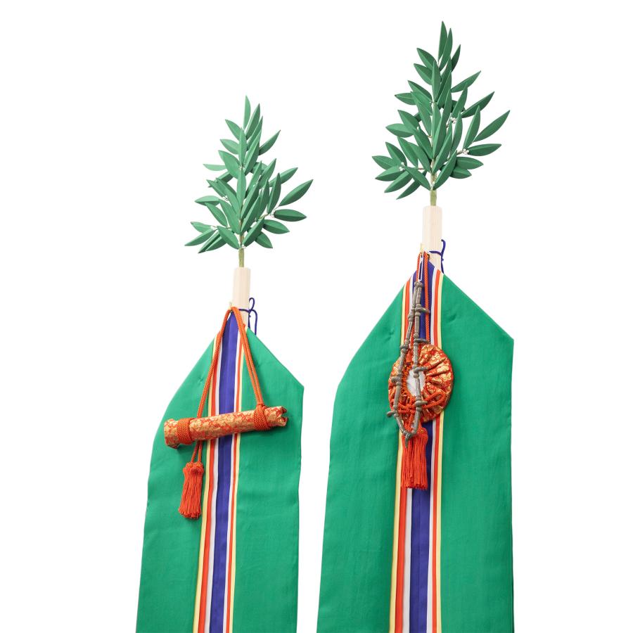 真榊 一対 上羽二重五色絹 二重垂 神器・台・棒・榊葉セット 布寸4.5尺(総高215cm) まさかき サカキ 正絹 大型 国産 日本製 神具 本格 神社用 祭壇 御神前 祭祀_4