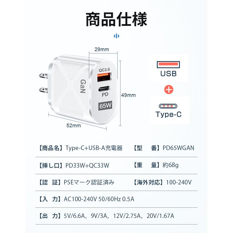 usb コンセント acアダプター pd 充電器 タイプc 急速充電器 65W USB タイプc TypeC ACアダプター Macbook PSE認証済 窒化ガリウム 2ポート｜inue-st｜14