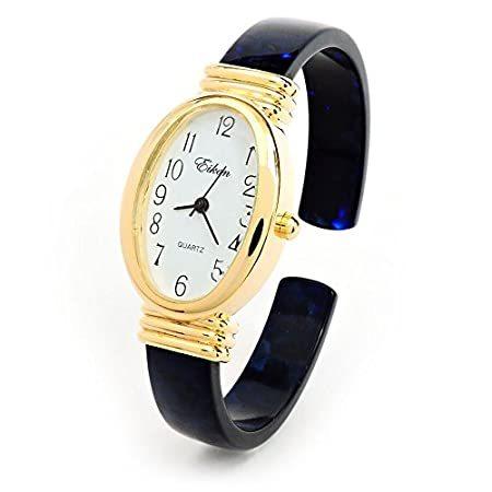 代引き人気  ダークブルーTortoiseゴールドアクリル楕円形バンド面レディースBangle Watch Cuff 腕時計