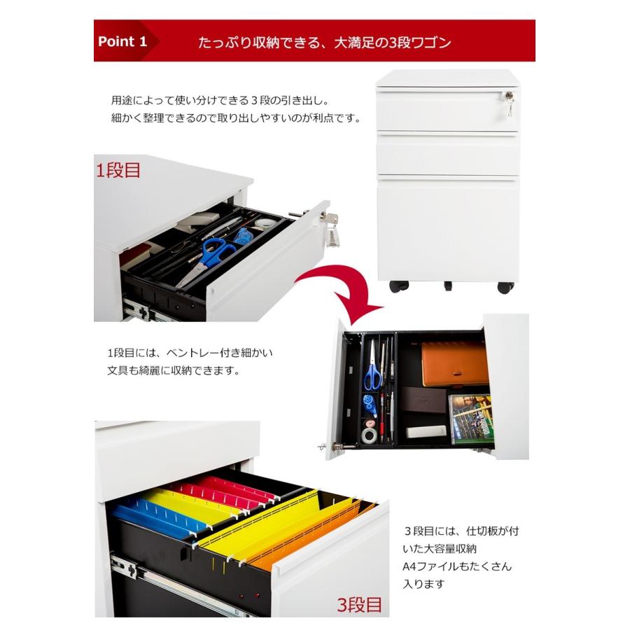サイドワゴン 3段 スチール製 デスクワゴン 完成品 組立不要 A4 サイドワゴン 3段 スチール製 デスクワゴン 完成品 組立不要 A4