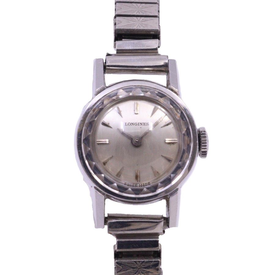 ロンジン 手巻き レディース 腕時計 カットガラス シルバー文字盤 社外  
