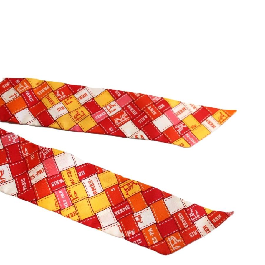 エルメス　HERMES　ツイリー　ボルデュック　レッド　イエロー HERMES エルメス ツイリー ボルデュック チェック シルク100％ レッド