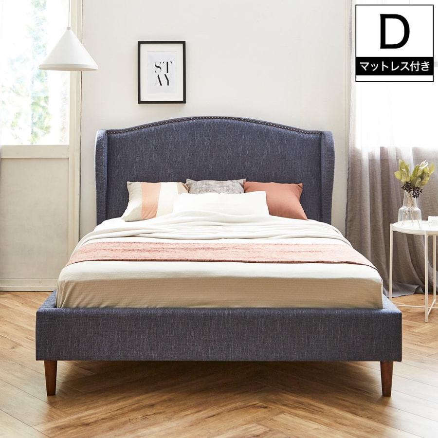 ファブリックベッド ロンドン ダブル マットレスセット 厚さ20cmポケットコイルマットレス付き 木製 落とし込み ネイビー ブルー 新商品