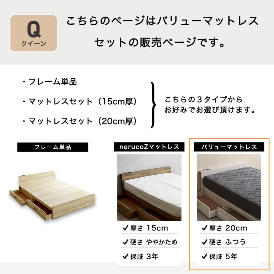収納付きベッド ステージベッド クイーン 引き出し2杯 棚 2口コンセント usb type-c type-A ストレージトップベッド 20cm厚ポケットコイルマットセットの画像