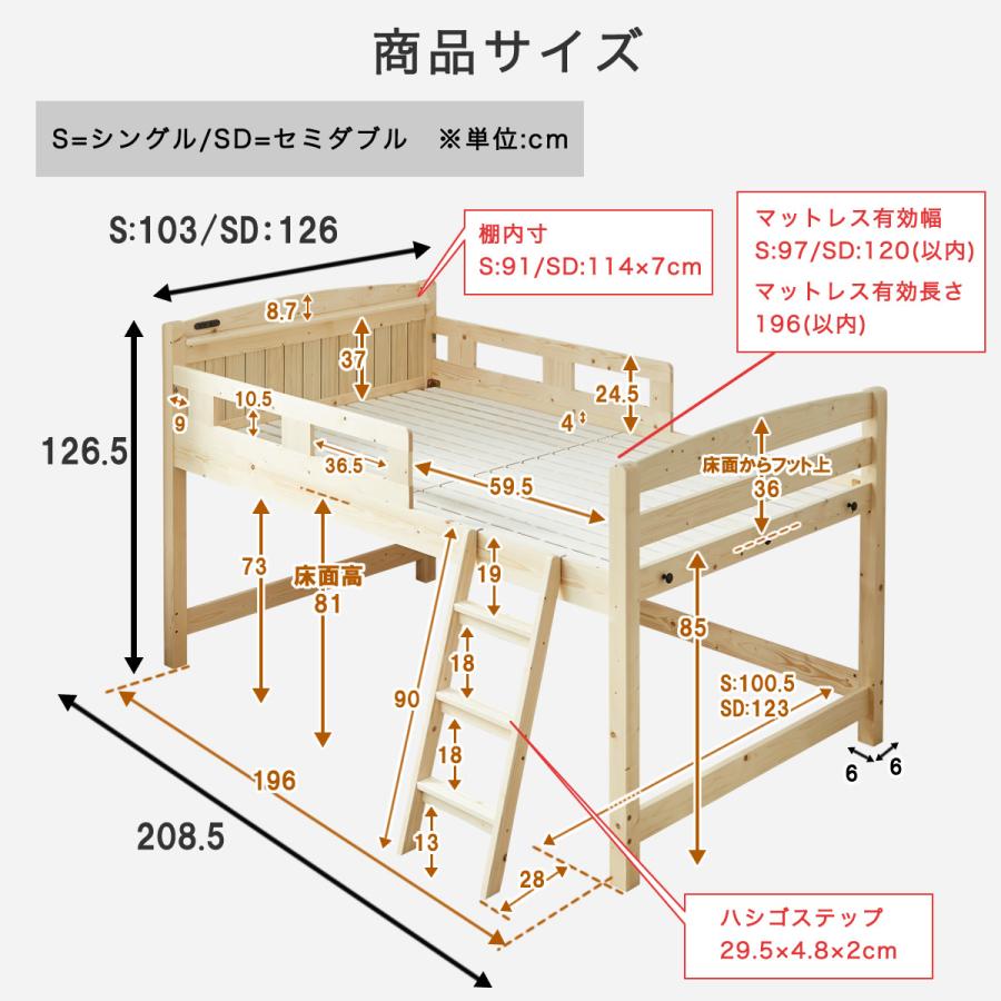 ネルコンシェルジュ ラルーチェ ロフトベッド ロータイプ セミダブル 