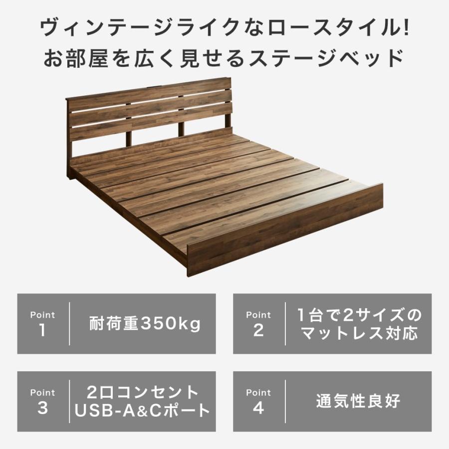 ローベッド ステージベッド 棚コンセント付き USB-A&C 耐荷重700kgクリア すのこベッド クイーン ベッド単品 ベッドフレームの画像