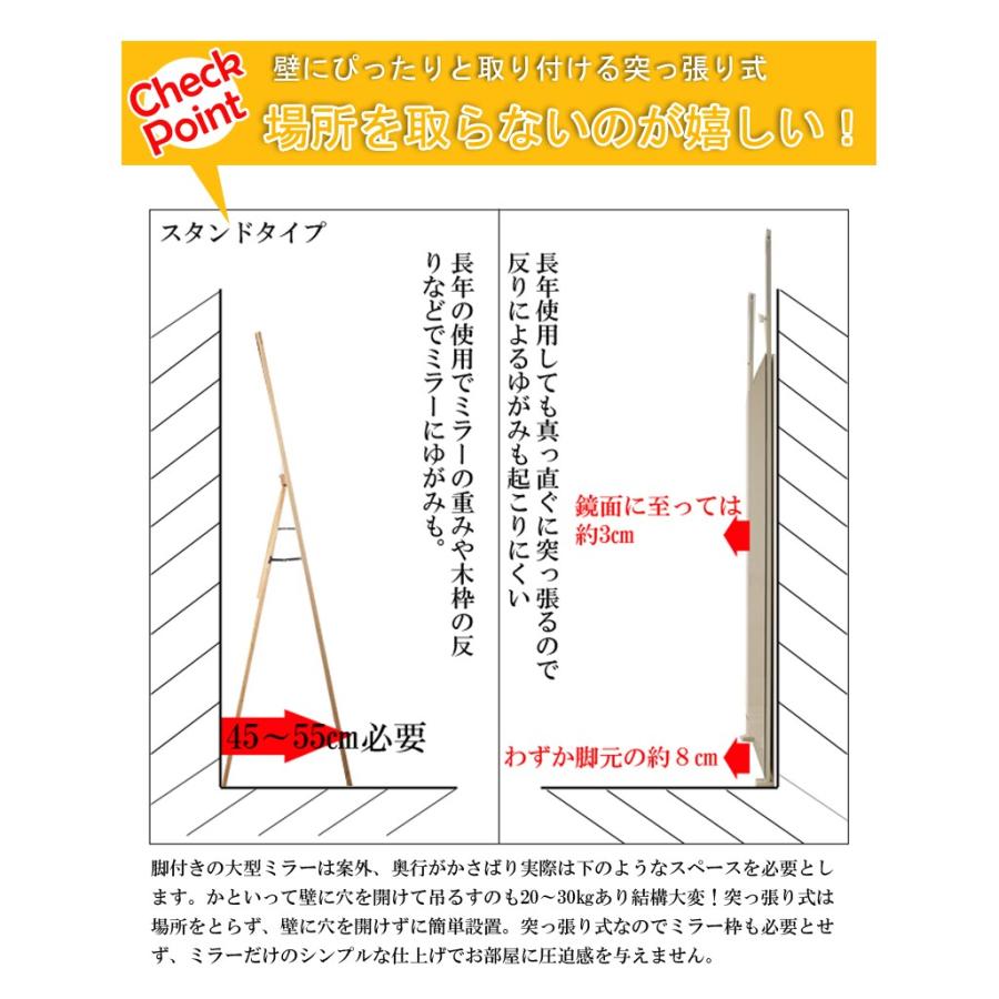 ミラー 突っ張り式ミラー 壁面ミラー ホワイト 幅80cm 高さ202〜260cm 完成品 日本製 姿見 大型ミラー スリムミラー 突っ張り式 突っ張り式鏡 【受注生産品】｜ioo｜08