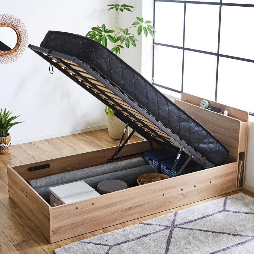 跳ね上げ収納ベッド シングル 縦型 20cm厚バリューポケットコイルマット付 深さ30cm ガス圧式収納ベッドウッドスプリング 棚_13