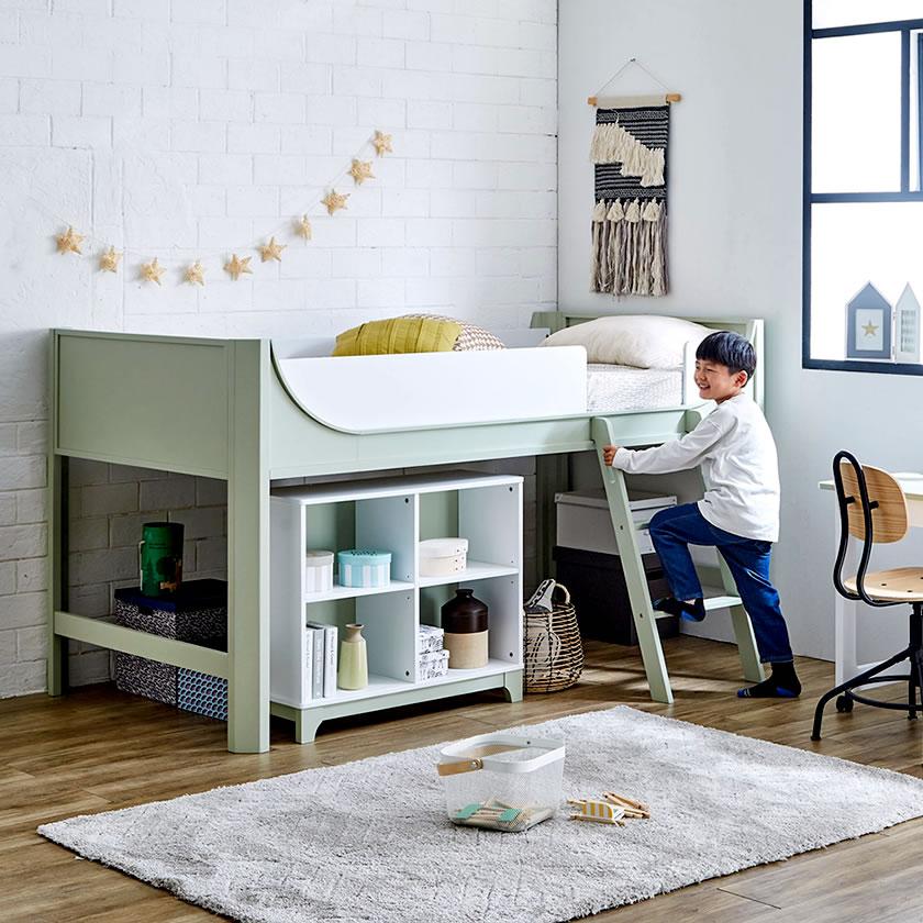 Flavie 木製 システムベッド シングル (ロフトベッド+キャスター付きデスク+シェルフの3点セット）ロータイプ すのこベッドアースグリーン | ネルコンシェルジュ | 12