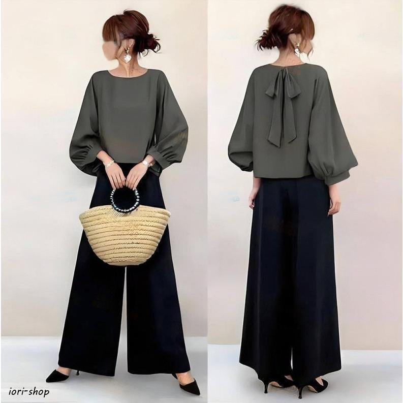 セットアップ レディース 春服 夏服 ブラウス 丸首 八分袖 
