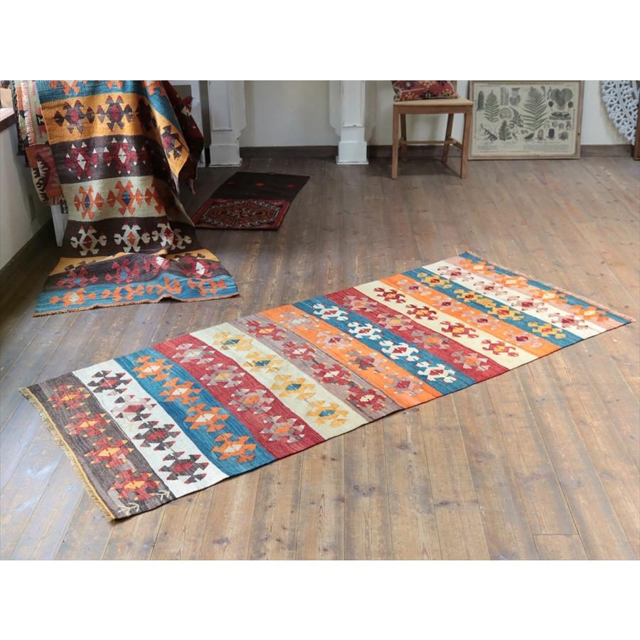 オールドキリム チョルム 198x85cm カラフルボーダーに狼の口の